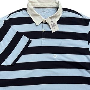 Men’s Nautica Short Sleeve Rugby Shirt Blue Stripe Cotton Preppy Collar XXL 2XL